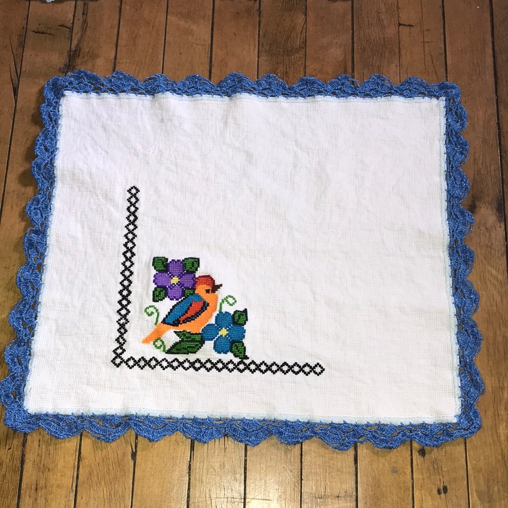 Handmade Embroidered Bird Doily with Blue Crochet Edge‎